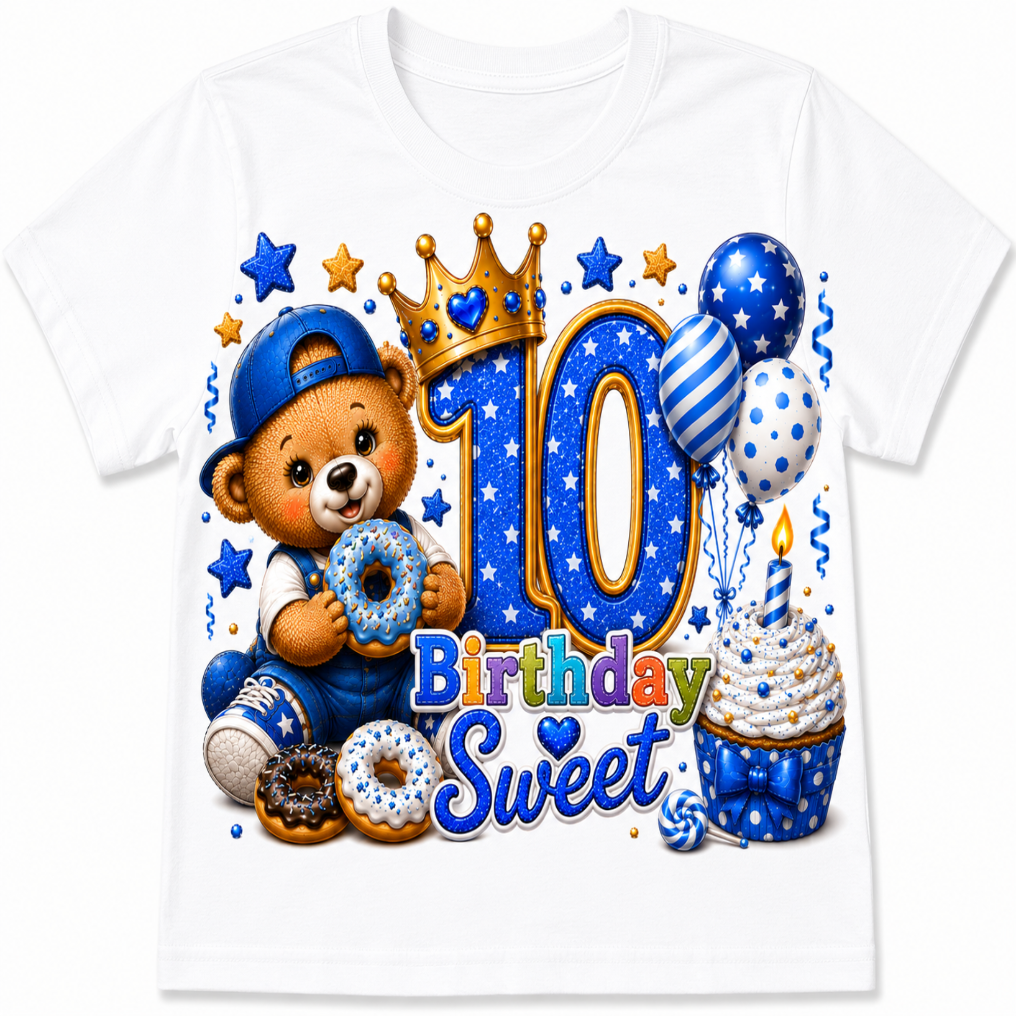A white short-sleeve t-shirt featuring a colorful graphic design for a 10th birthday. The design includes a cartoon teddy bear in blue overalls holding a donut, a large blue starry number 10 with a gold crown, the words 'Birthday Sweet', a cupcake with a candle, and balloons.
