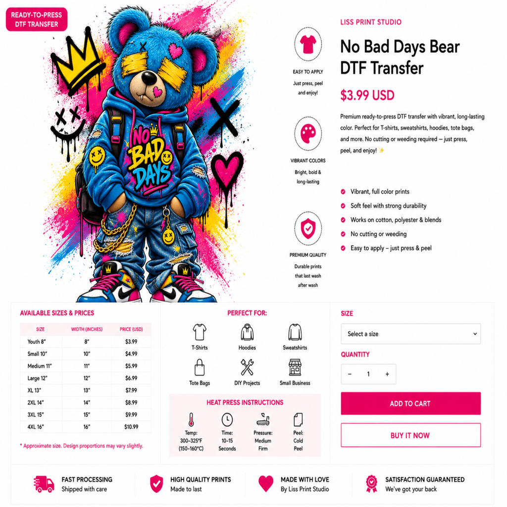A promotional graphic for a DTF transfer product showing a colorful cartoon bear wearing a crown and the text 'No Bad Days!' on the front. The layout includes pricing, size options, product features, and a 'Buy It Now' button, all on a white background.