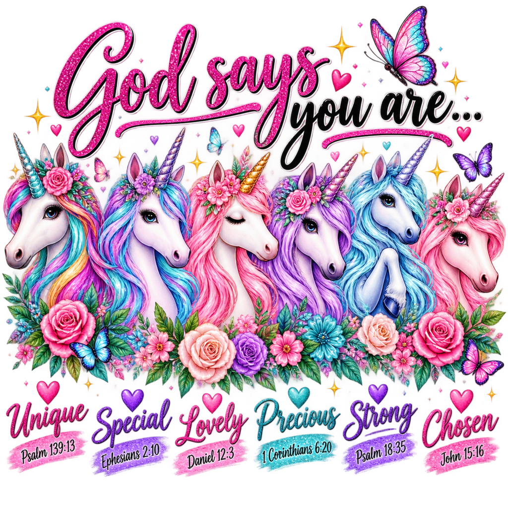A colorful graphic design featuring five pastel unicorn faces with floral crowns and roses beneath the phrase 'God says you are.