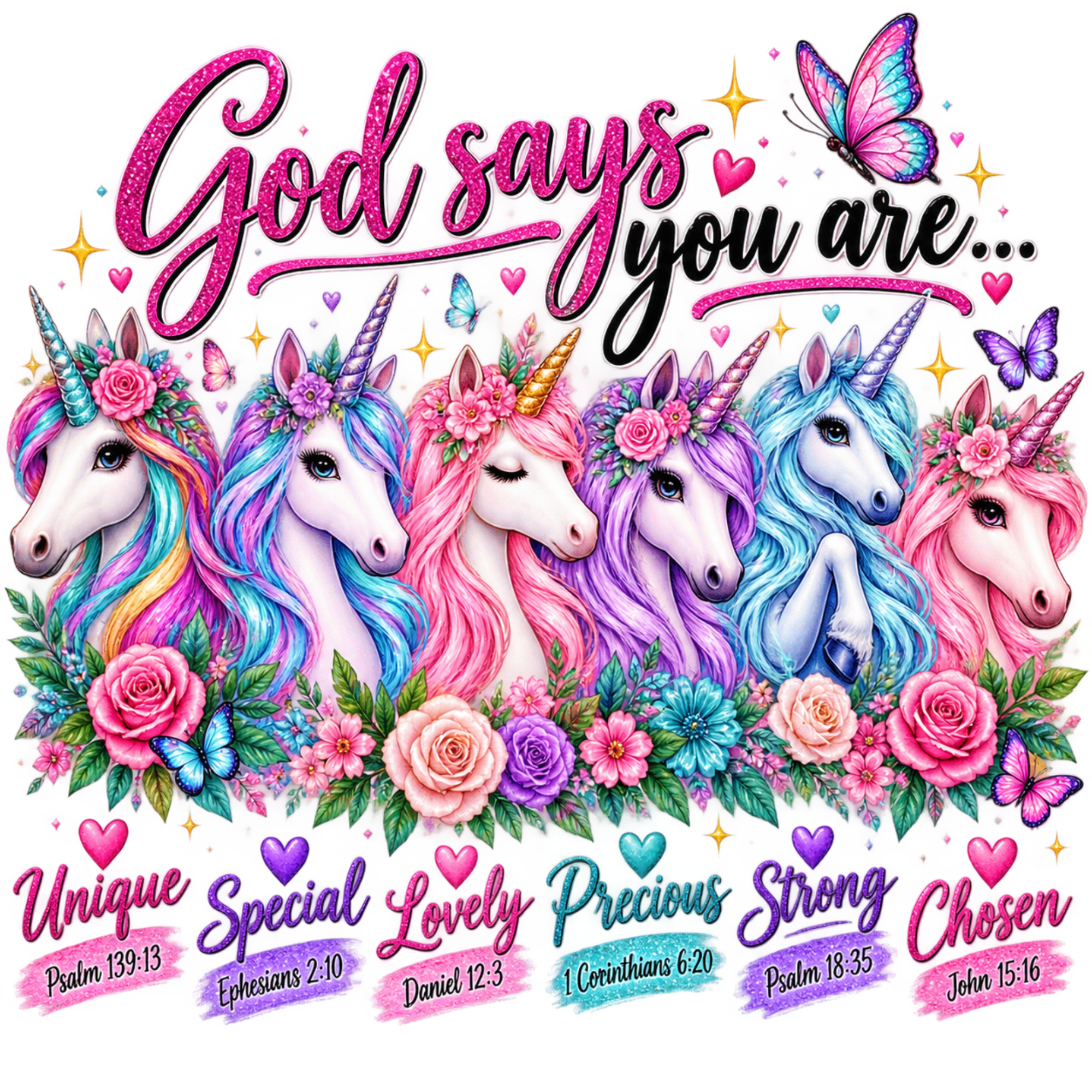 A colorful graphic design featuring five pastel unicorn faces with floral crowns and roses beneath the phrase 'God says you are.