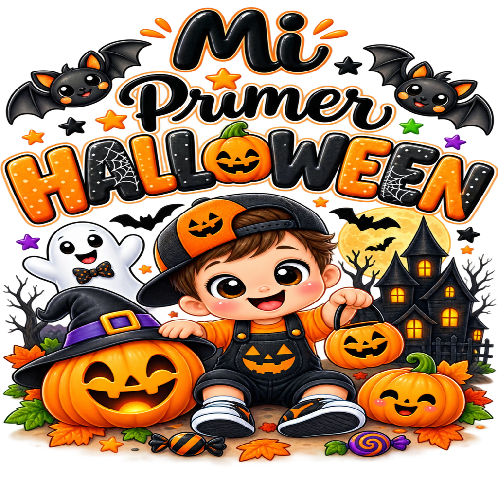 A colorful Halloween-themed graphic with the text 'Mi Primer Halloween' above a cartoon child in a black cap and overalls sitting among jack-o'-lanterns, bats, a ghost, a haunted house, and autumn leaves.