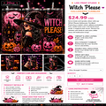 A promotional product listing graphic for a 20oz straight tumblers featuring a Halloween-themed design. The main product shown is a clear plastic tumbler with a black background and a pink witch hat graphic, surrounded by decorative illustrations of pumpkins, a full moon, and the words 'WITCH PLEASE' in pink.