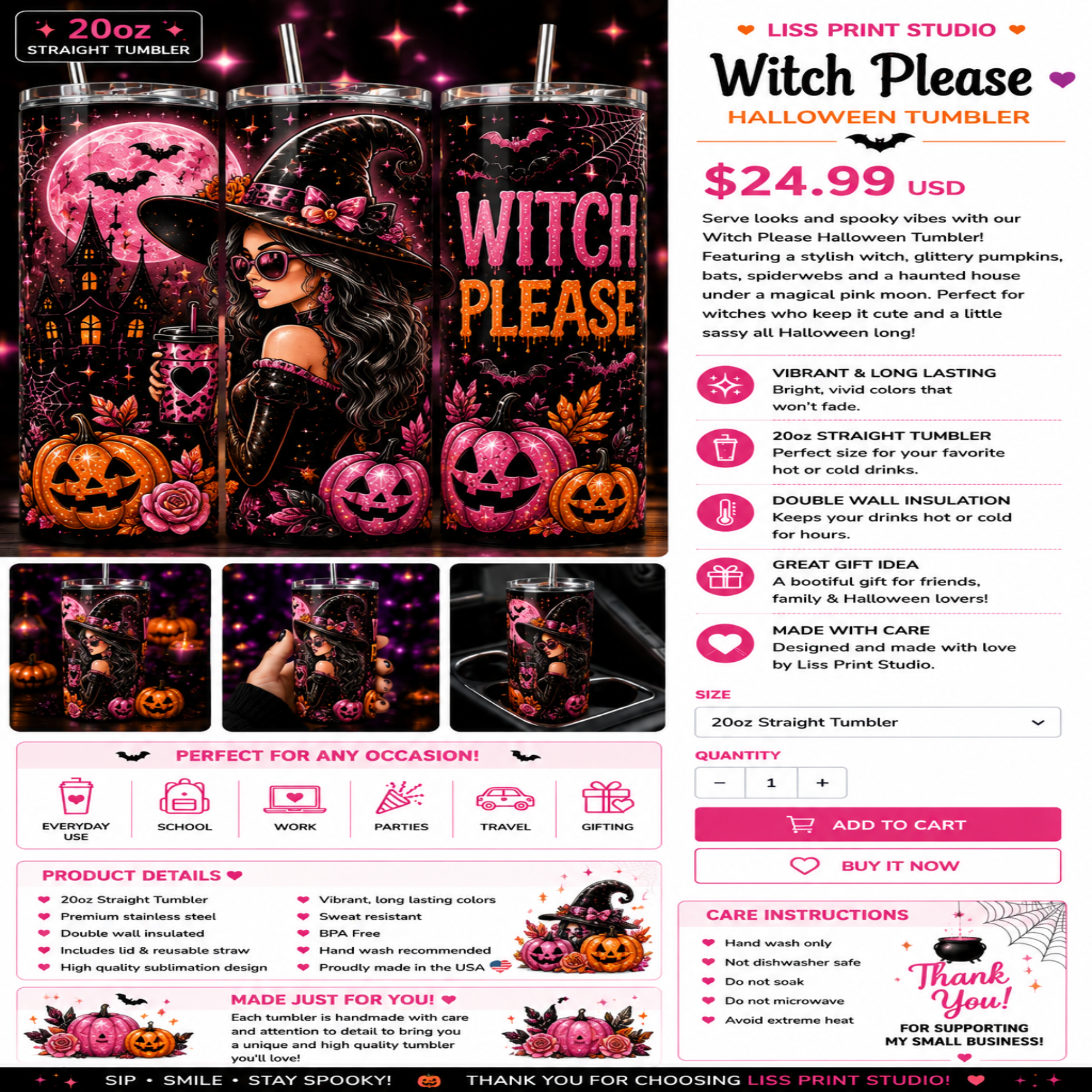 A promotional product listing graphic for a 20oz straight tumblers featuring a Halloween-themed design. The main product shown is a clear plastic tumbler with a black background and a pink witch hat graphic, surrounded by decorative illustrations of pumpkins, a full moon, and the words 'WITCH PLEASE' in pink.