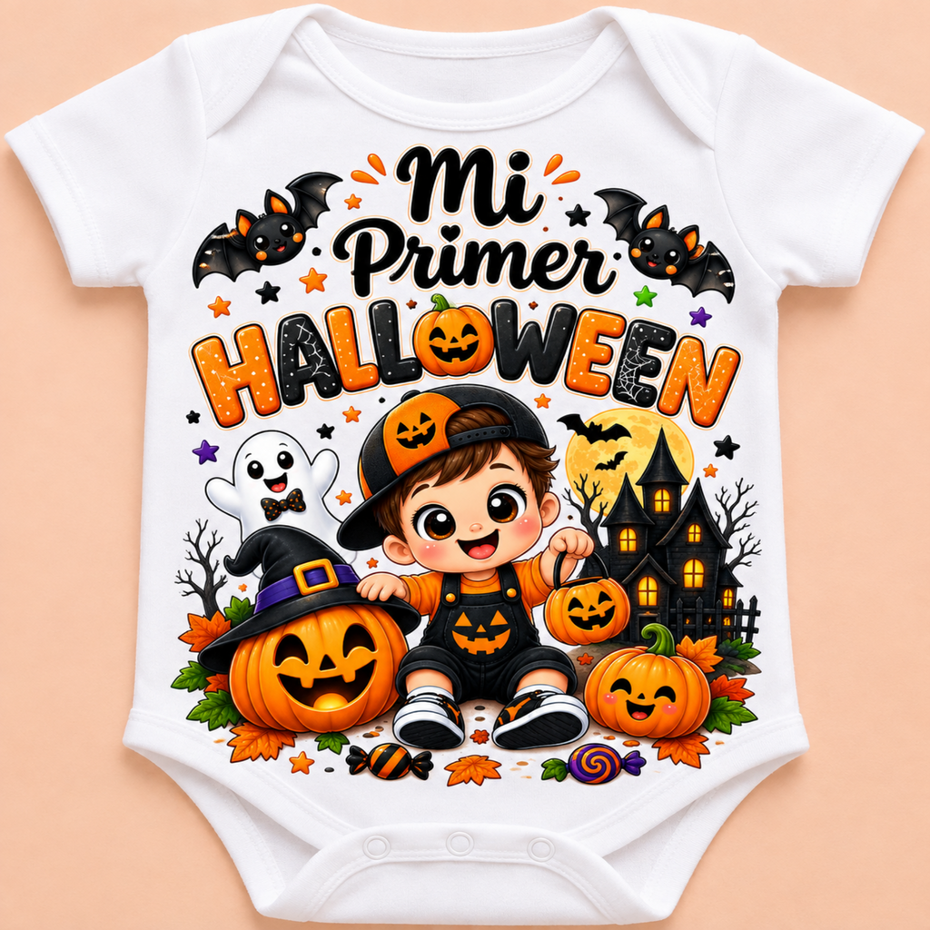 White short-sleeve baby bodysuit with a colorful Halloween graphic print featuring the Spanish text 'Mi Primer HALLOWEEN', a cartoon child in a witch outfit, pumpkins, bats, a ghost, and a haunted house, shown on a peach background.