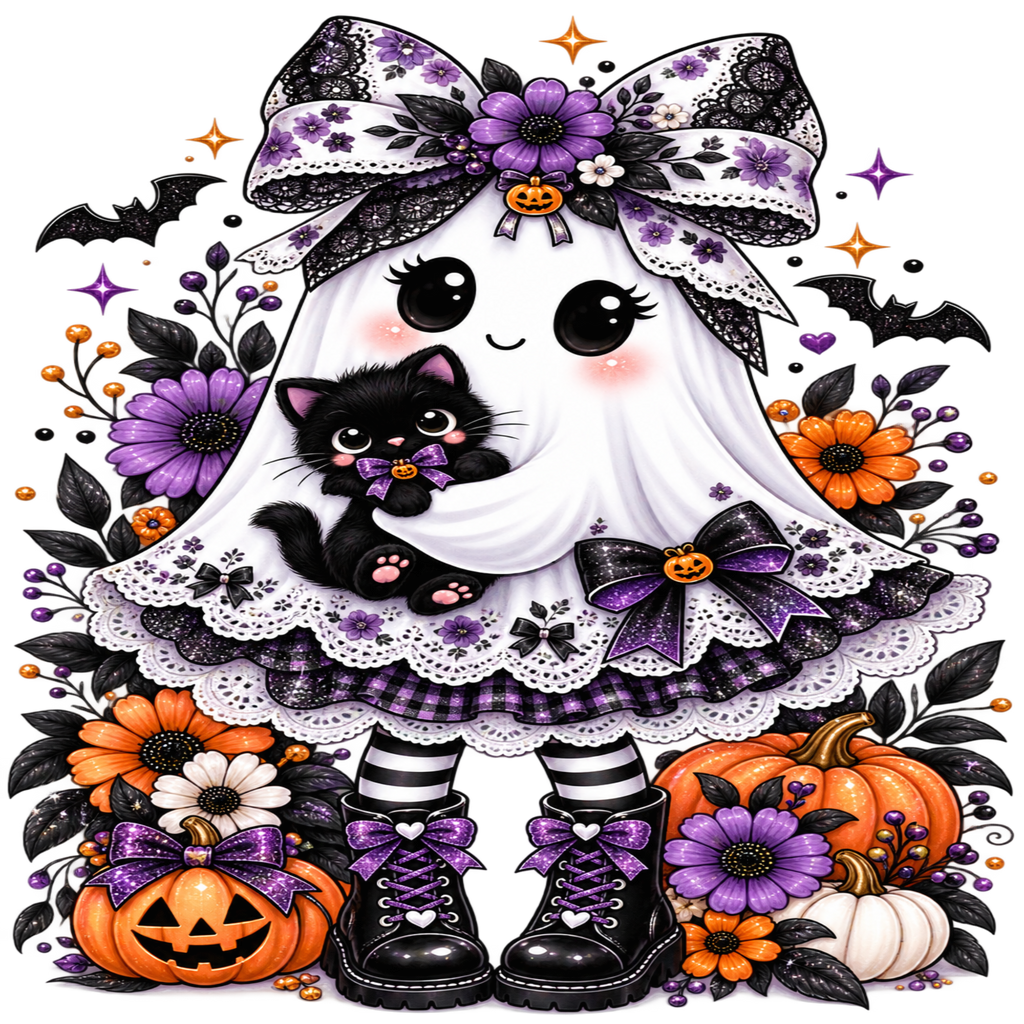 A cute Halloween illustration featuring a ghost-like character in a white dress with purple lace trim, holding a black cat, surrounded by pumpkins, flowers, bats, and bows on a white background.