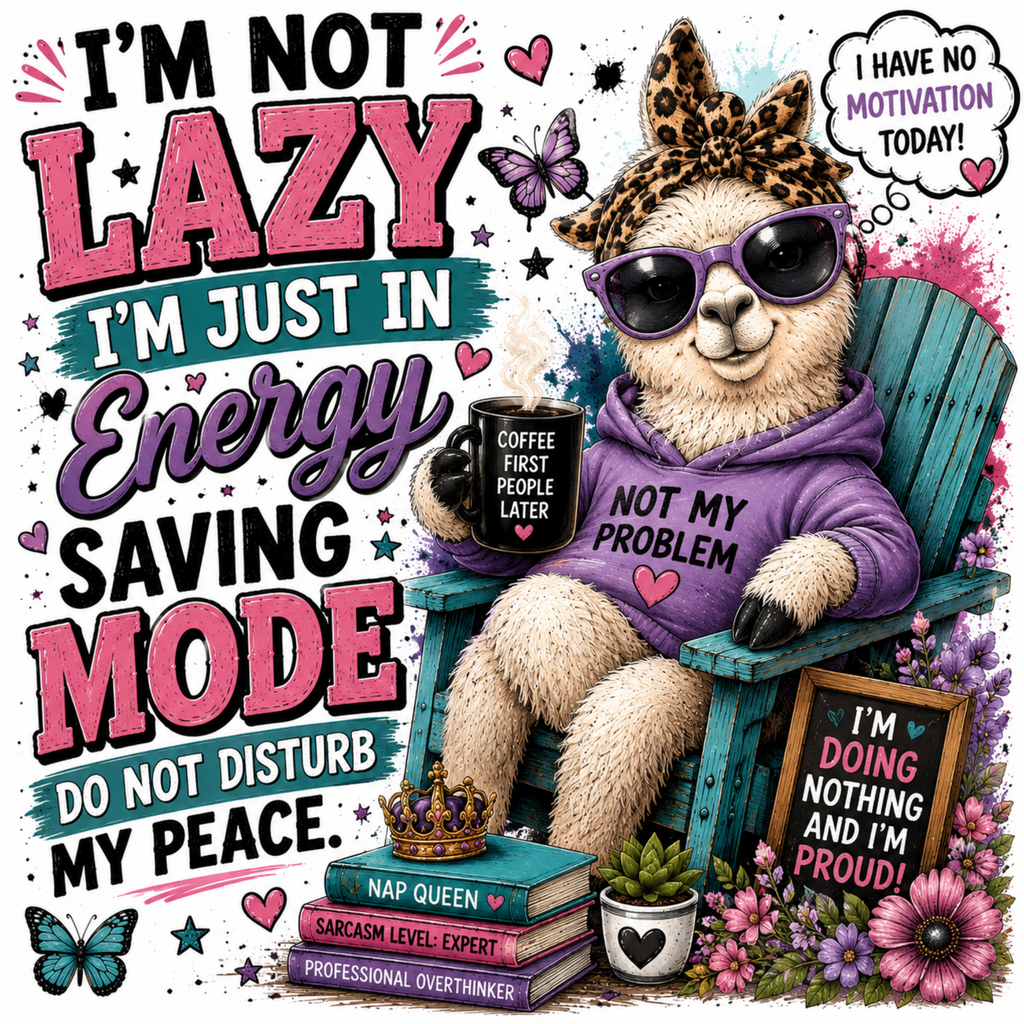 A colorful graphic design featuring a cartoon alpaca wearing a leopard-print headband, purple sunglasses, and a purple hoodie that says 'NOT MY PROBLEM,' sitting in a teal chair and holding a coffee mug. The design includes large text such as 'I'M NOT LAZY I'M JUST IN ENERGY SAVINGS MODE' and decorative flowers, butterflies, stars, and books.