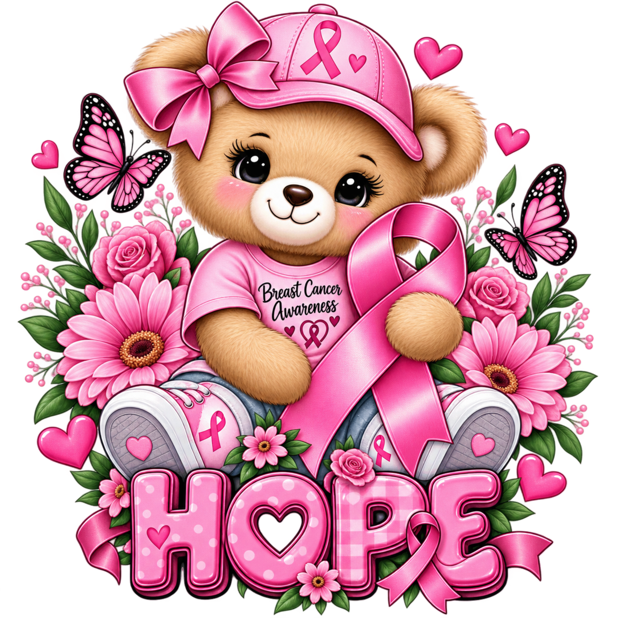 A stylized teddy bear wearing a pink awareness cap and pink shirt, holding a pink ribbon, surrounded by pink flowers, butterflies, hearts, and the word “HOPE” in large pink letters on a white background.