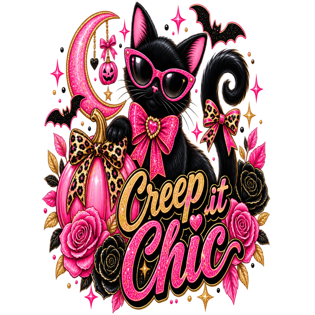 A Halloween-themed graphic design featuring a black cat wearing pink sunglasses, a pink bow, and a leopard-print bow tie, surrounded by a pink pumpkin, black and pink roses, a crescent moon with a jack-o'-lantern, bats, and the text 'Creep it Chic' in pink and gold lettering.