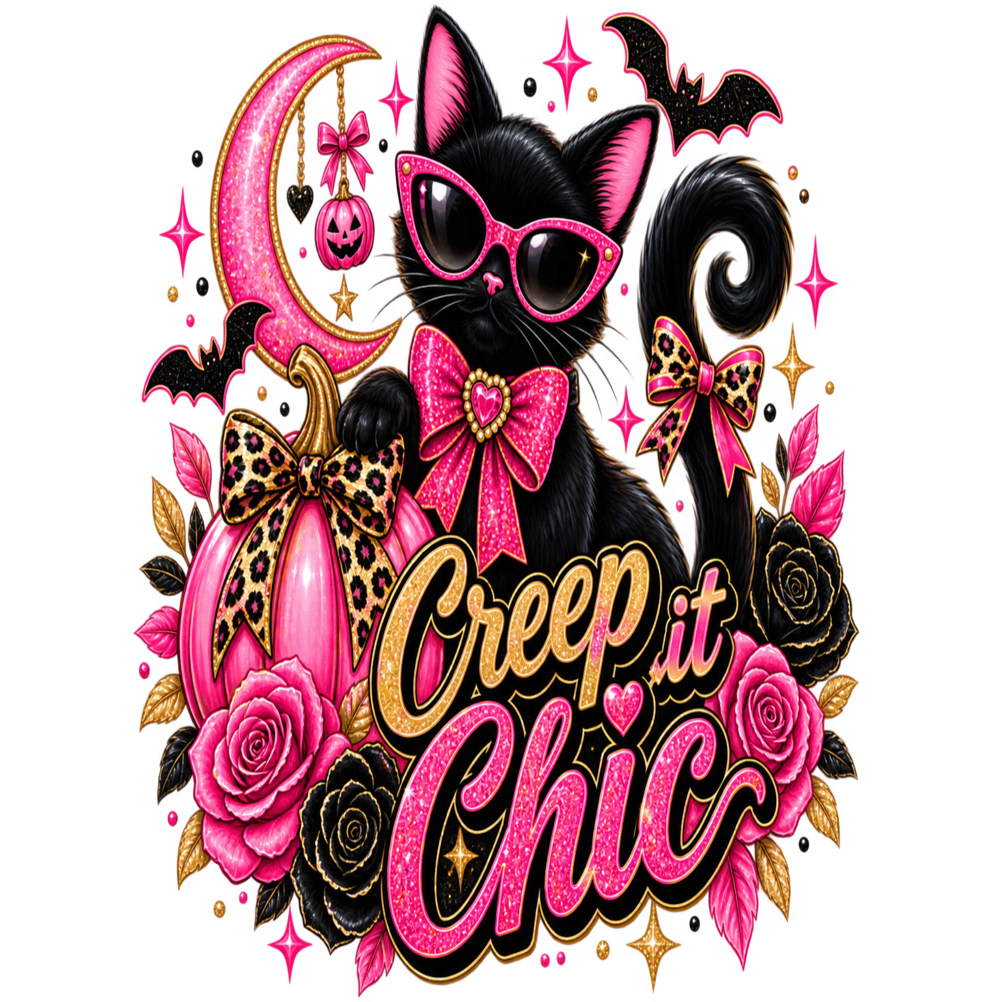 A Halloween-themed graphic design featuring a black cat wearing pink sunglasses, a pink bow, and a leopard-print bow tie, surrounded by a pink pumpkin, black and pink roses, a crescent moon with a jack-o'-lantern, bats, and the text 'Creep it Chic' in pink and gold lettering.