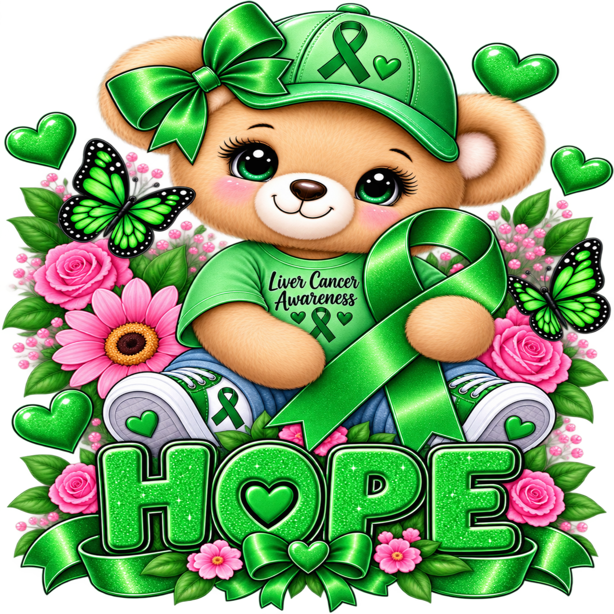 A teddy bear wearing a green awareness ribbon cap and matching green shirt surrounded by pink roses, green leaves, butterflies, and large green 'HOPE' lettering with hearts.