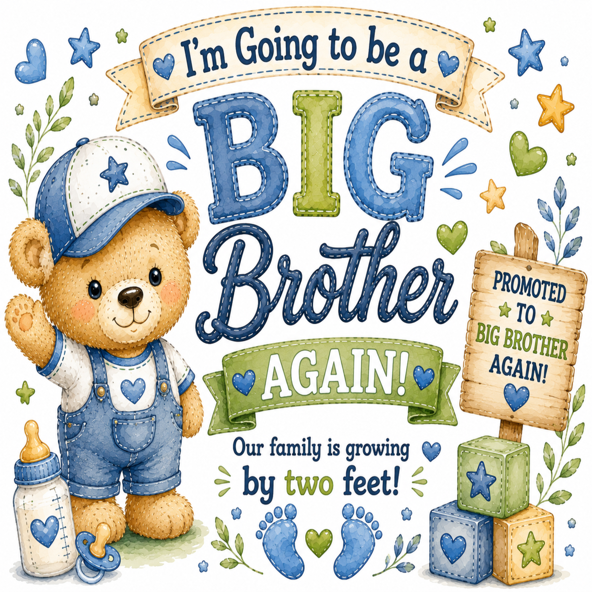 Watercolor baby shower sign for a boy featuring a cute teddy bear wearing a blue cap and denim overalls next to a bottle and pacifier, with text reading 'I'm Going to be a BIG Brother AGAIN!' and 'Promoted to Big Brother Again!'.
