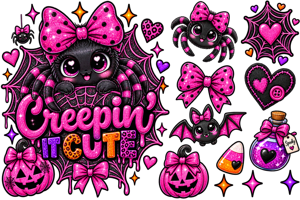 A sheet of cute Halloween clipart featuring pink and black spider, pumpkin, bat, spiderweb, potion bottle, candy corn, stars, and hearts with the text 'Creepin' IT CUTE' on a white background.