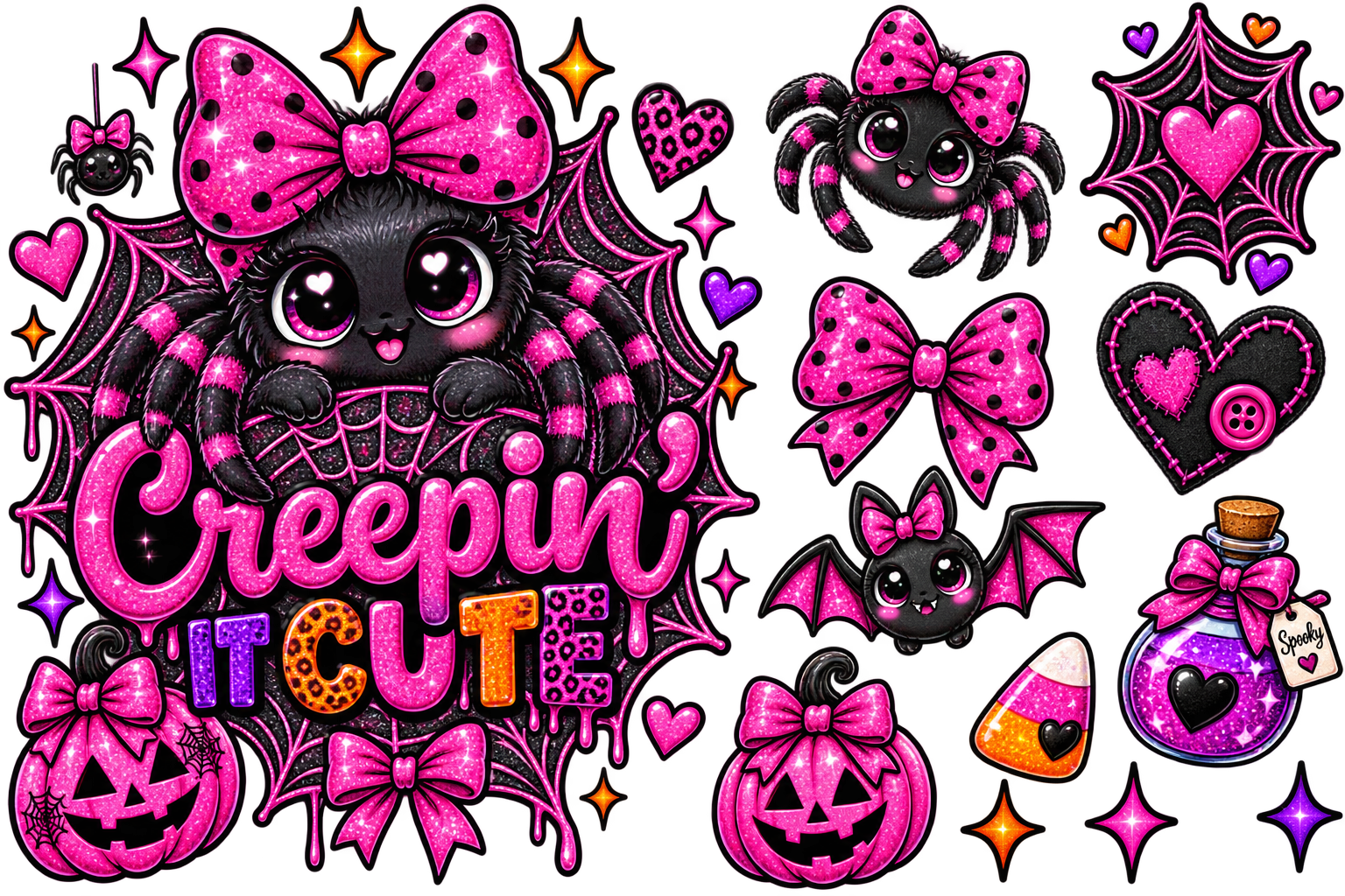 A sheet of cute Halloween clipart featuring pink and black spider, pumpkin, bat, spiderweb, potion bottle, candy corn, stars, and hearts with the text 'Creepin' IT CUTE' on a white background.