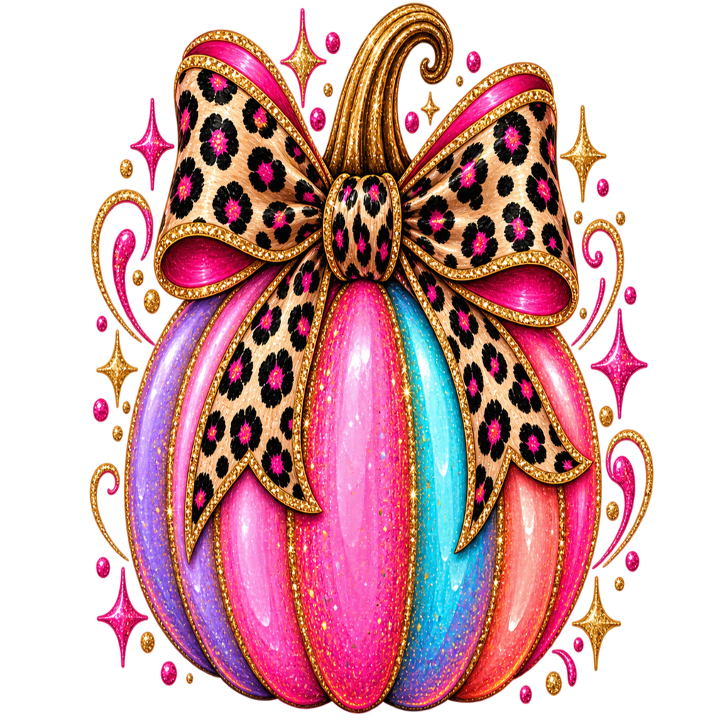 A decorative illustrated pumpkin with vertical pink, purple, and aqua panels outlined in glittery gold, topped with a large leopard-print bow in tan, black, and pink with gold trim, surrounded by pink sparkles and gold flourishes on a black background.