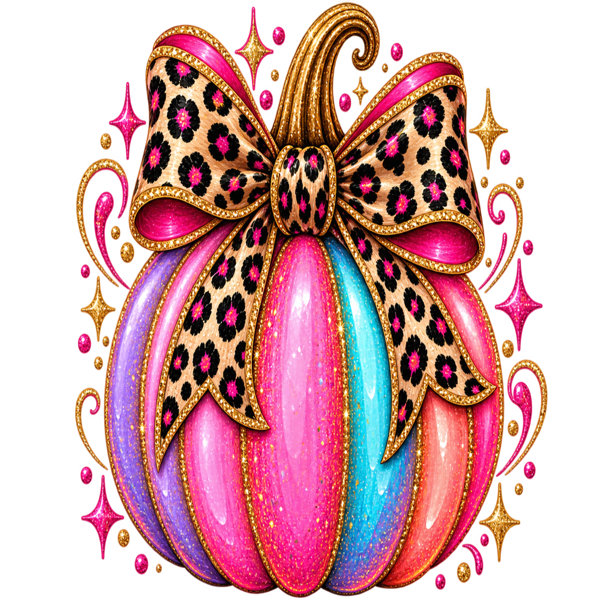 A decorative illustrated pumpkin with vertical pink, purple, and aqua panels outlined in glittery gold, topped with a large leopard-print bow in tan, black, and pink with gold trim, surrounded by pink sparkles and gold flourishes on a black background.