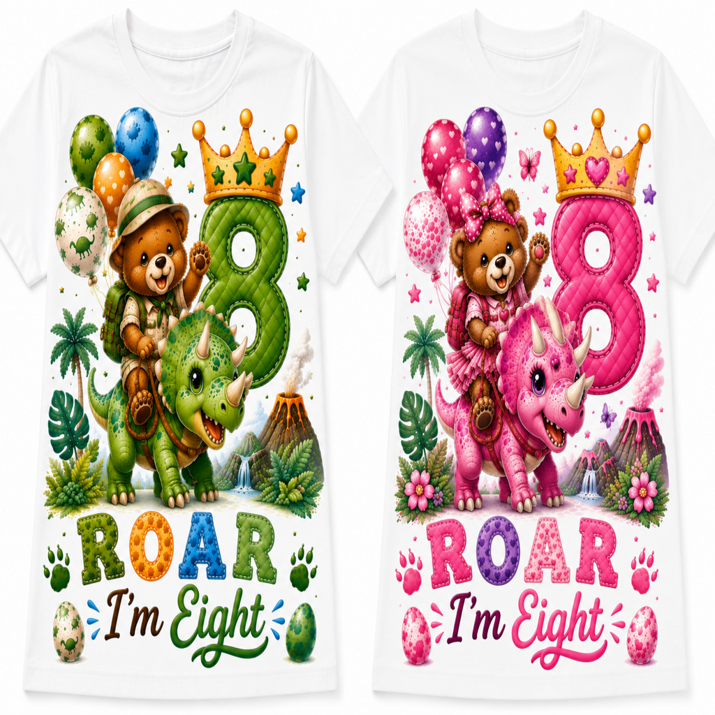 Two white short-sleeve T-shirts shown side by side, each printed with a colorful cartoon birthday design. The left shirt features a green dinosaur and brown bear with a green number 8, while the right shirt features a pink dinosaur and brown bear with a pink number 8.