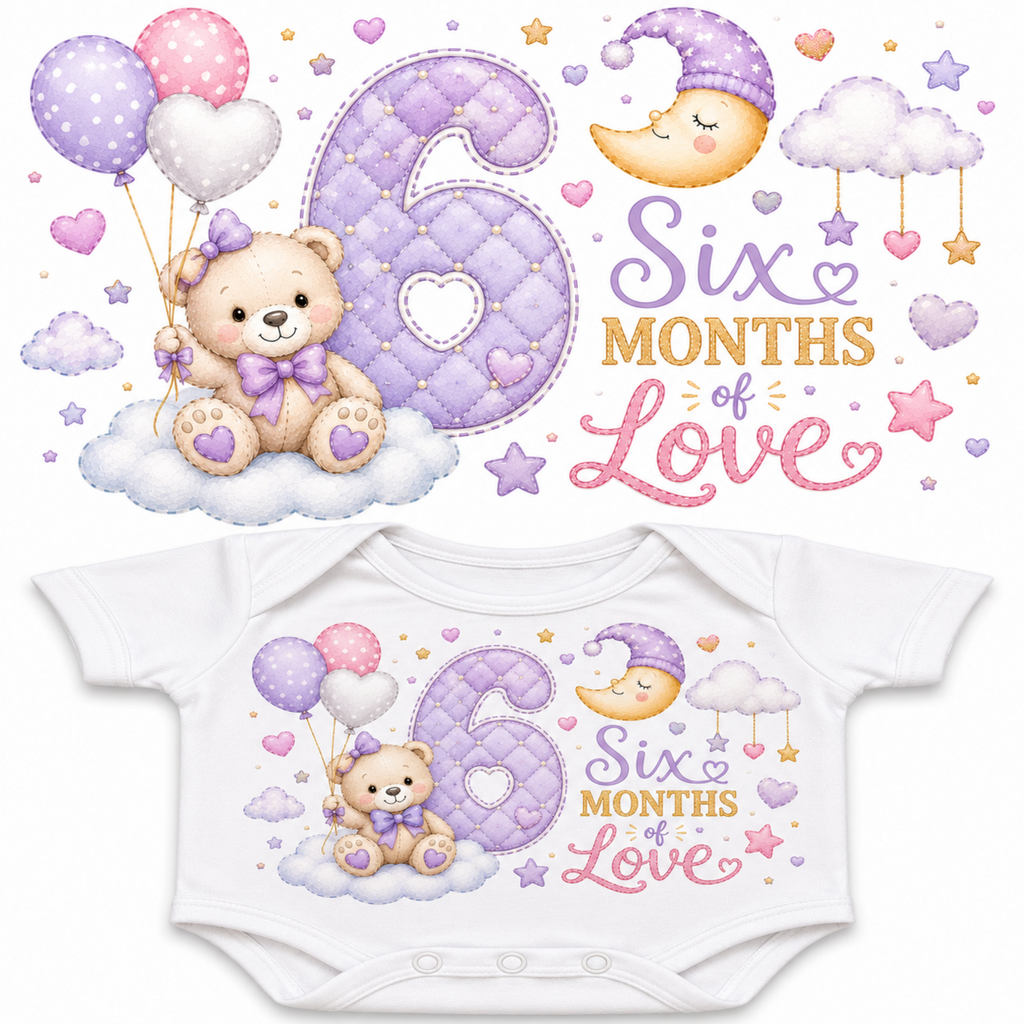 A white baby bodysuit with a colorful 'Six Months of Love' graphic, shown alongside a larger flat view of the same print design. The design features a large lavender quilted number 6, a teddy bear holding balloons, a crescent moon, clouds, stars, and hearts.