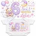 A white baby bodysuit with a colorful 'Six Months of Love' graphic, shown alongside a larger flat view of the same print design. The design features a large lavender quilted number 6, a teddy bear holding balloons, a crescent moon, clouds, stars, and hearts.