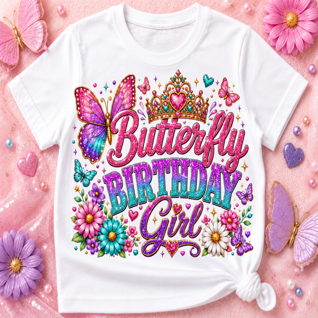 A white short-sleeve T-shirt with a colorful 'Butterfly Birthday Girl' graphic, styled in a flat lay on a pink background with flowers and beads.