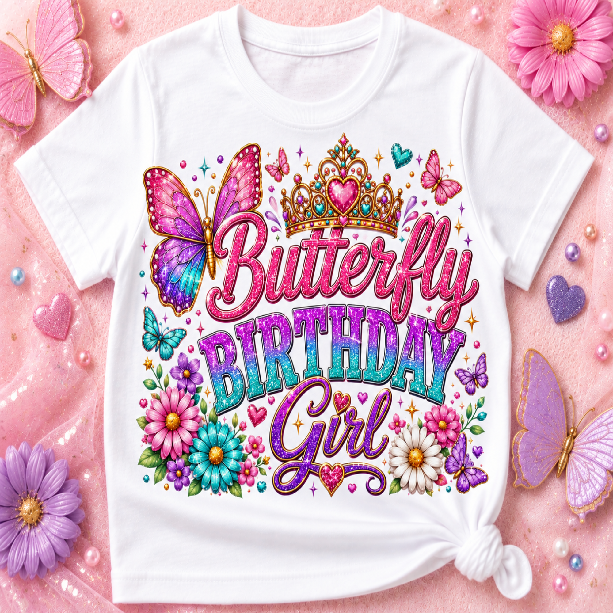A white short-sleeve T-shirt with a colorful 'Butterfly Birthday Girl' graphic, styled in a flat lay on a pink background with flowers and beads.