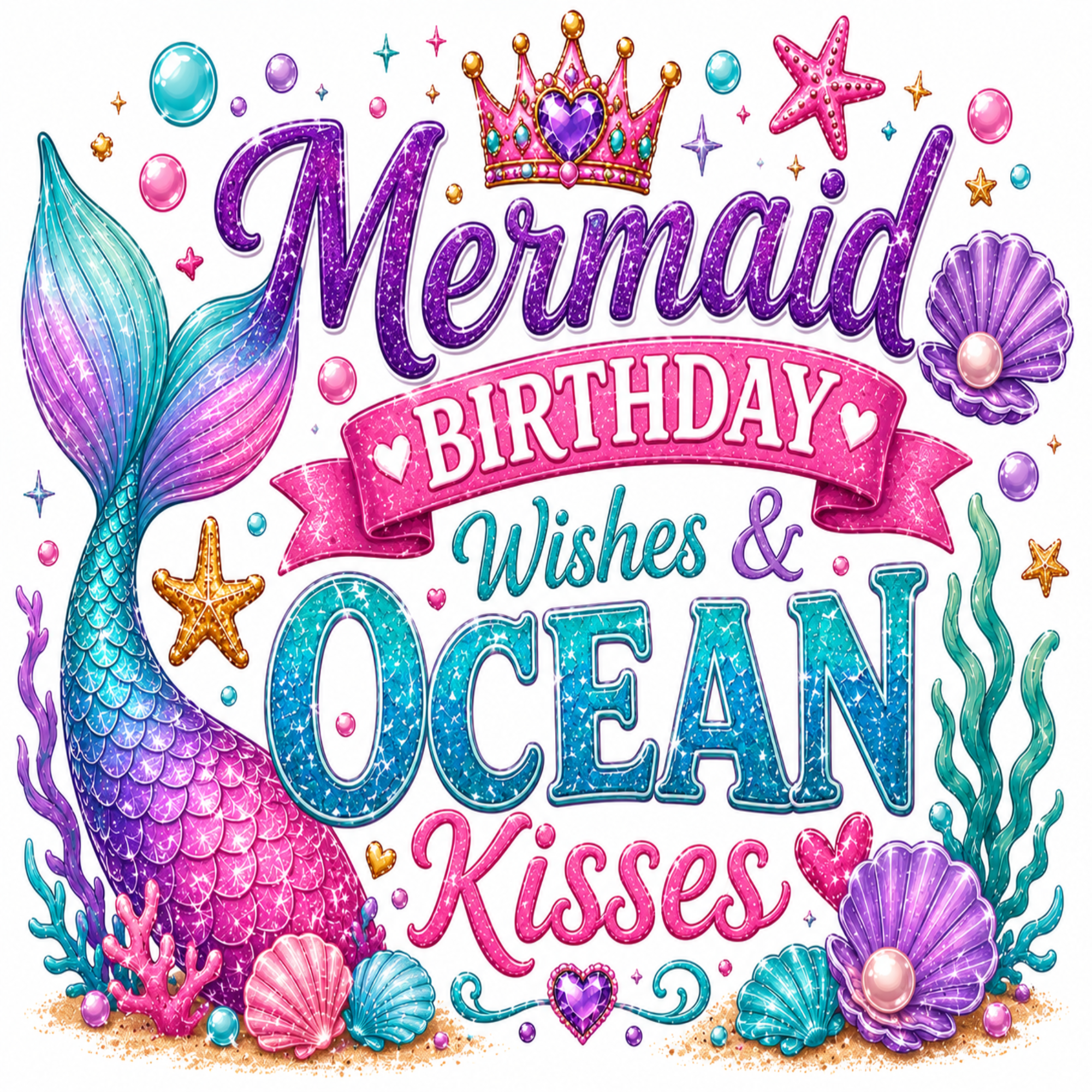 Mermaid birthday graphic with glitter-style text reading 'Mermaid Birthday Wishes & Ocean Kisses,' surrounded by a mermaid tail, crown, starfish, seashells, coral, bubbles, and ocean plants on a white background.