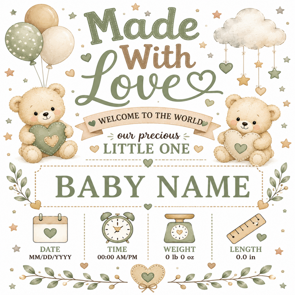 Personalized baby shower card or print design with the phrase 'Made With Love' and 'Welcome to the world our precious little one,' featuring two teddy bears holding hearts, balloons, stars, leaves, and baby details like date, time, weight, and length.