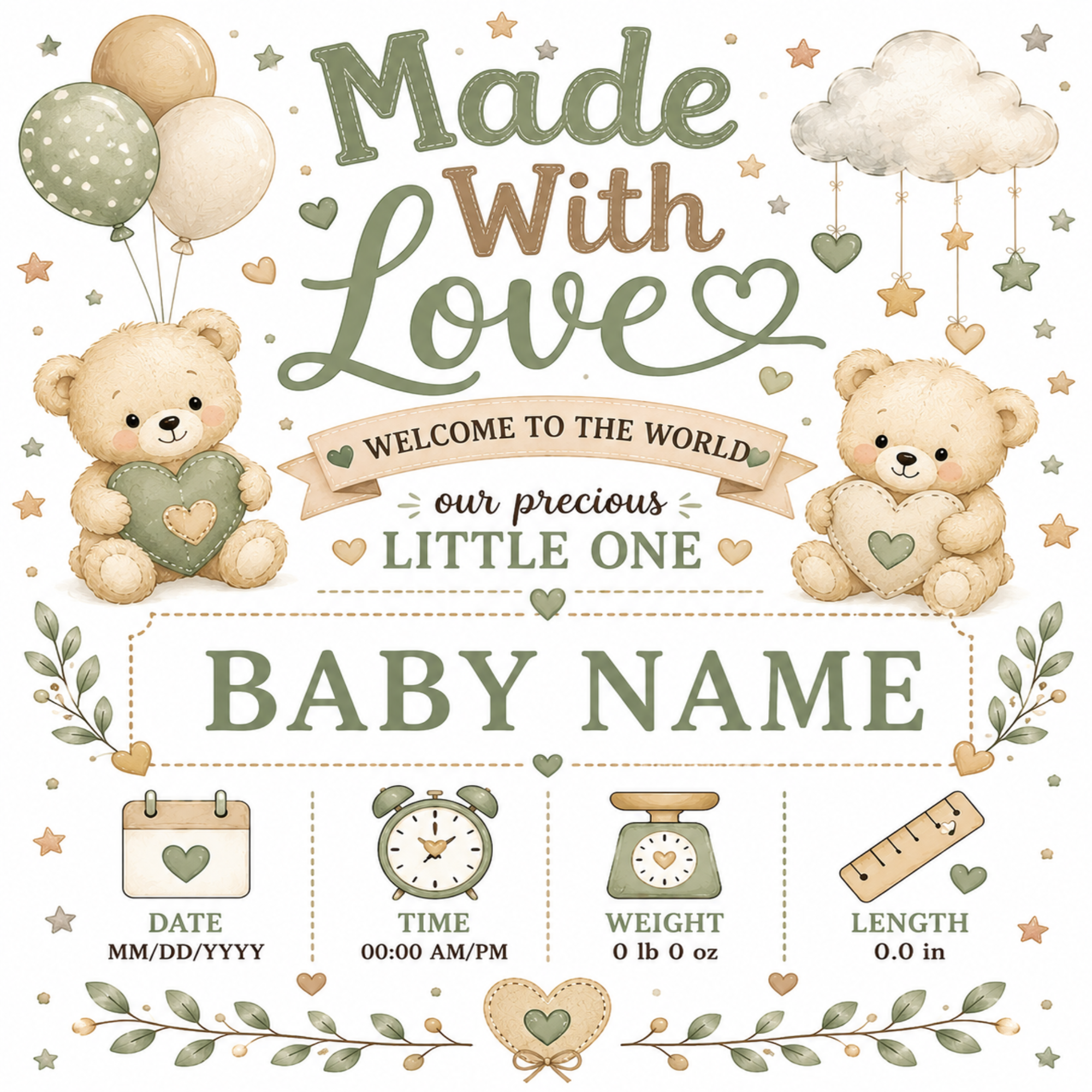 Personalized baby shower card or print design with the phrase 'Made With Love' and 'Welcome to the world our precious little one,' featuring two teddy bears holding hearts, balloons, stars, leaves, and baby details like date, time, weight, and length.