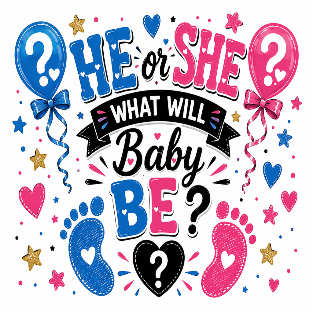 A colorful graphic design with the text 'HE or SHE WHAT WILL Baby BE?' surrounded by baby-themed illustrations including blue and pink question marks, baby footprints, hearts, stars, and a black banner on a white background.