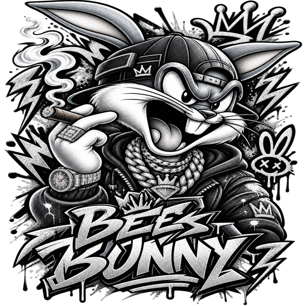 Black and white graffiti-style cartoon illustration of a rabbit character wearing a cap, jewelry, and hoodie, with the text 'Bees Bunny' prominently shown.