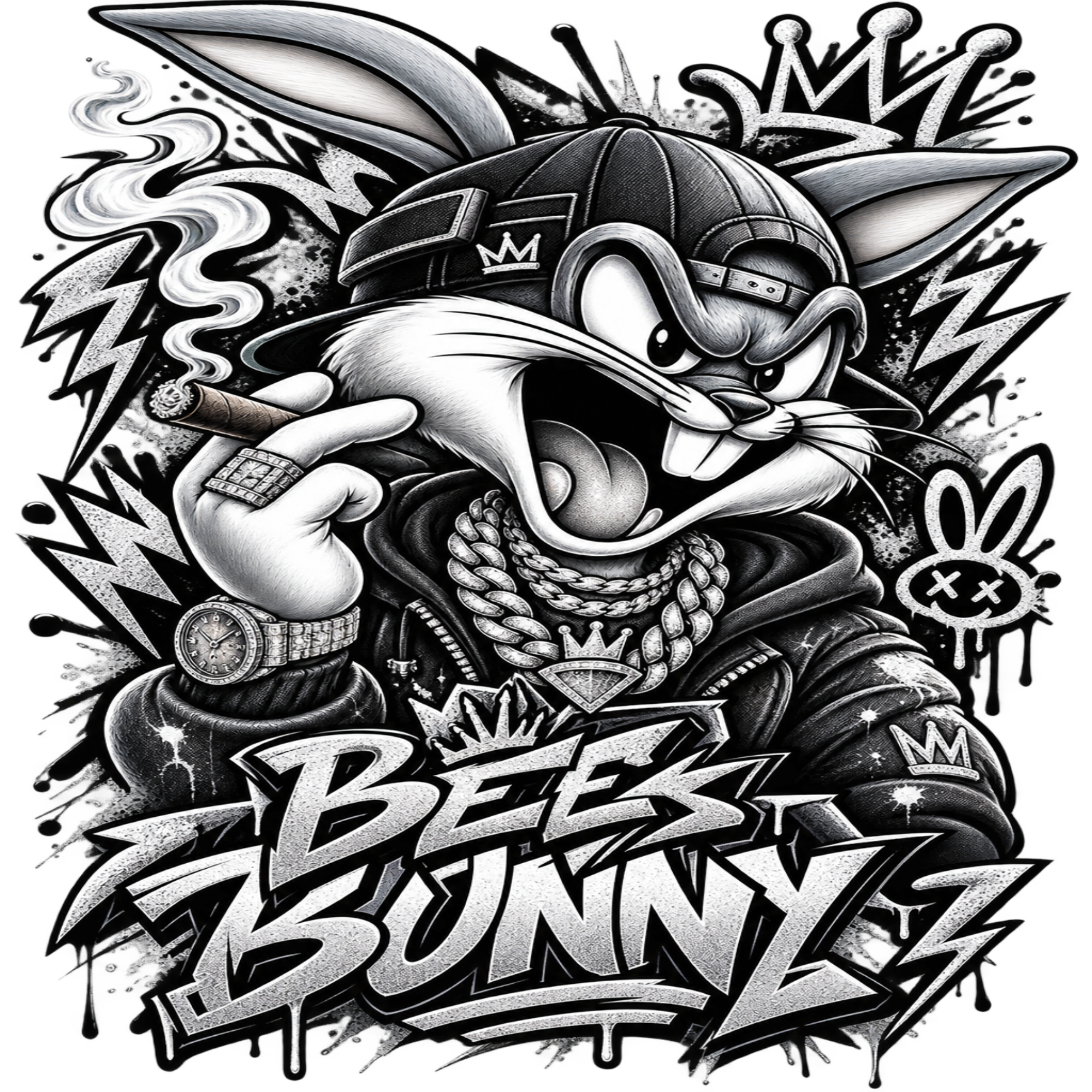 Black and white graffiti-style cartoon illustration of a rabbit character wearing a cap, jewelry, and hoodie, with the text 'Bees Bunny' prominently shown.