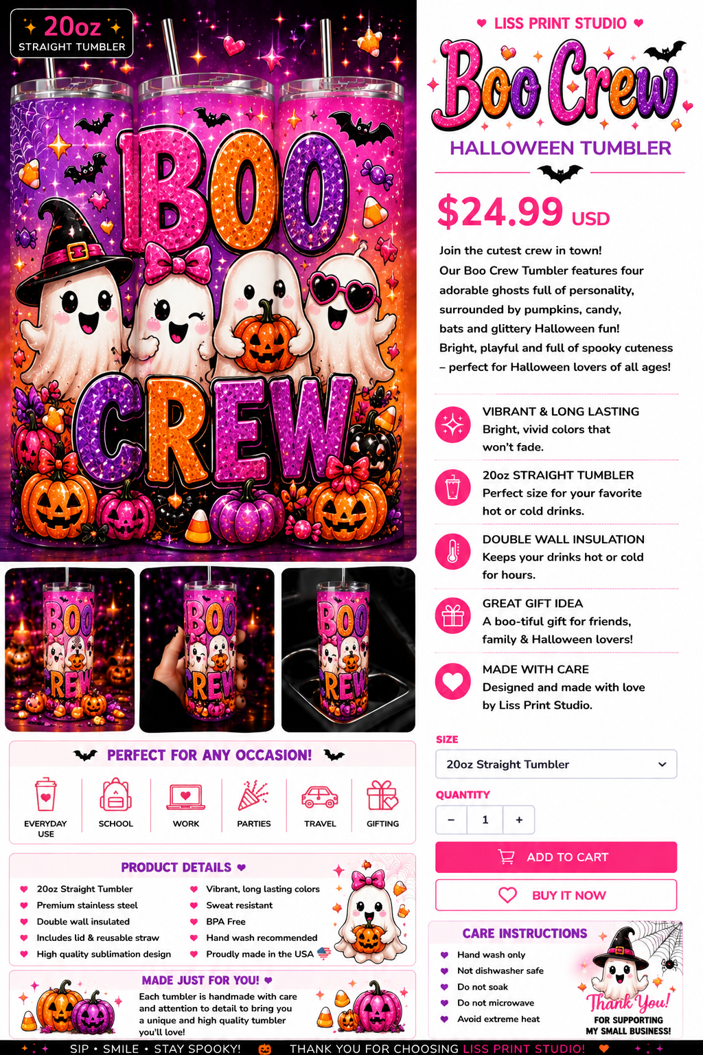 A promotional catalog page for a Boo Crew Halloween Tumbler by Liss Print Studio, showing multiple color options (pink, purple, orange, black), product details, pricing at $24.99, and ordering information.