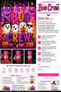 A promotional catalog page for a Boo Crew Halloween Tumbler by Liss Print Studio, showing multiple color options (pink, purple, orange, black), product details, pricing at $24.99, and ordering information.
