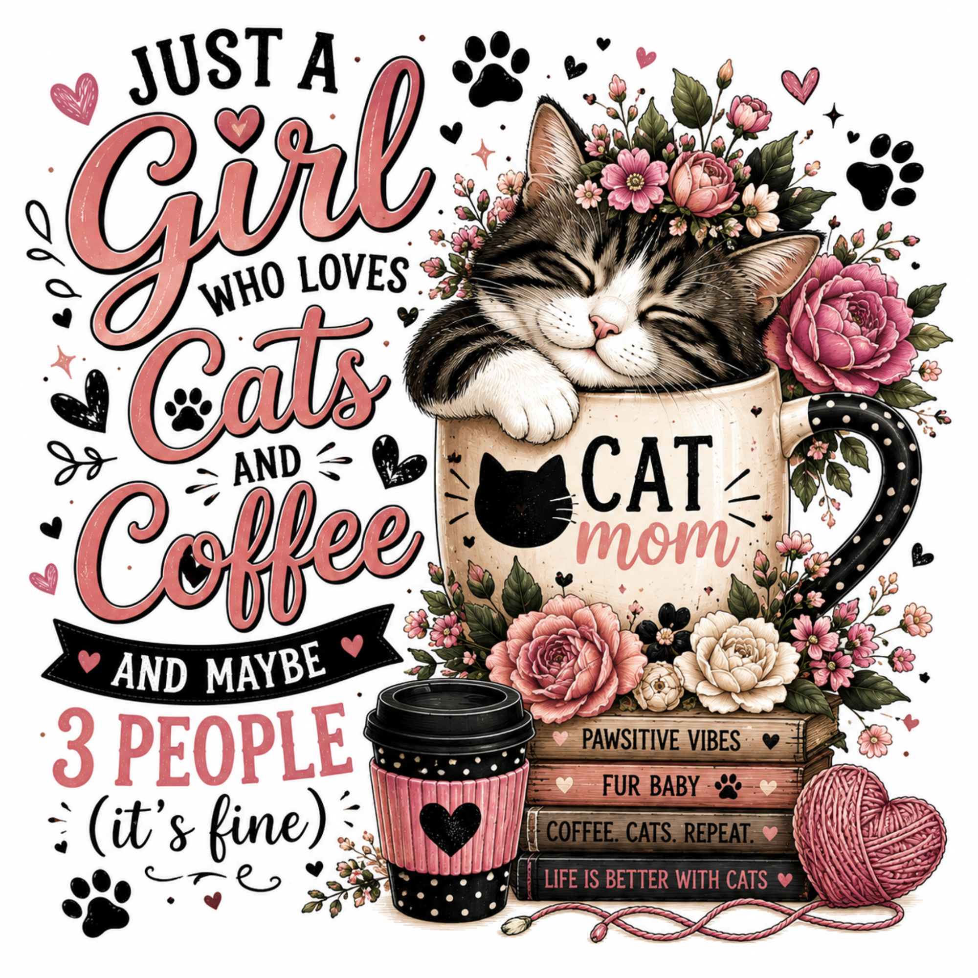 A decorative graphic with the phrase “Just a Girl Who Loves Cats and Coffee and Maybe 3 People (it’s fine)” around an illustrated sleeping cat resting on a mug labeled “Cat mom,” with flowers, a takeaway coffee cup, books, yarn, and paw prints on a white background.