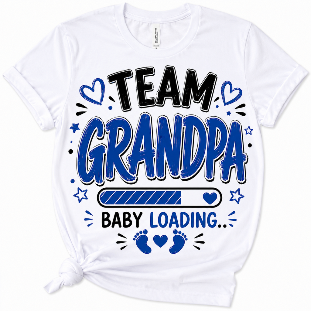A white short-sleeve crewneck t-shirt with a graphic print that reads 'TEAM GRANDPA BABY LOADING.