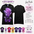 A promotional product graphic for a DTF (Direct to Film) shirt by Liss Print Studio. The main section shows two views of a black short-sleeve T-shirt with a large purple rose and heart graphic printed on the front.