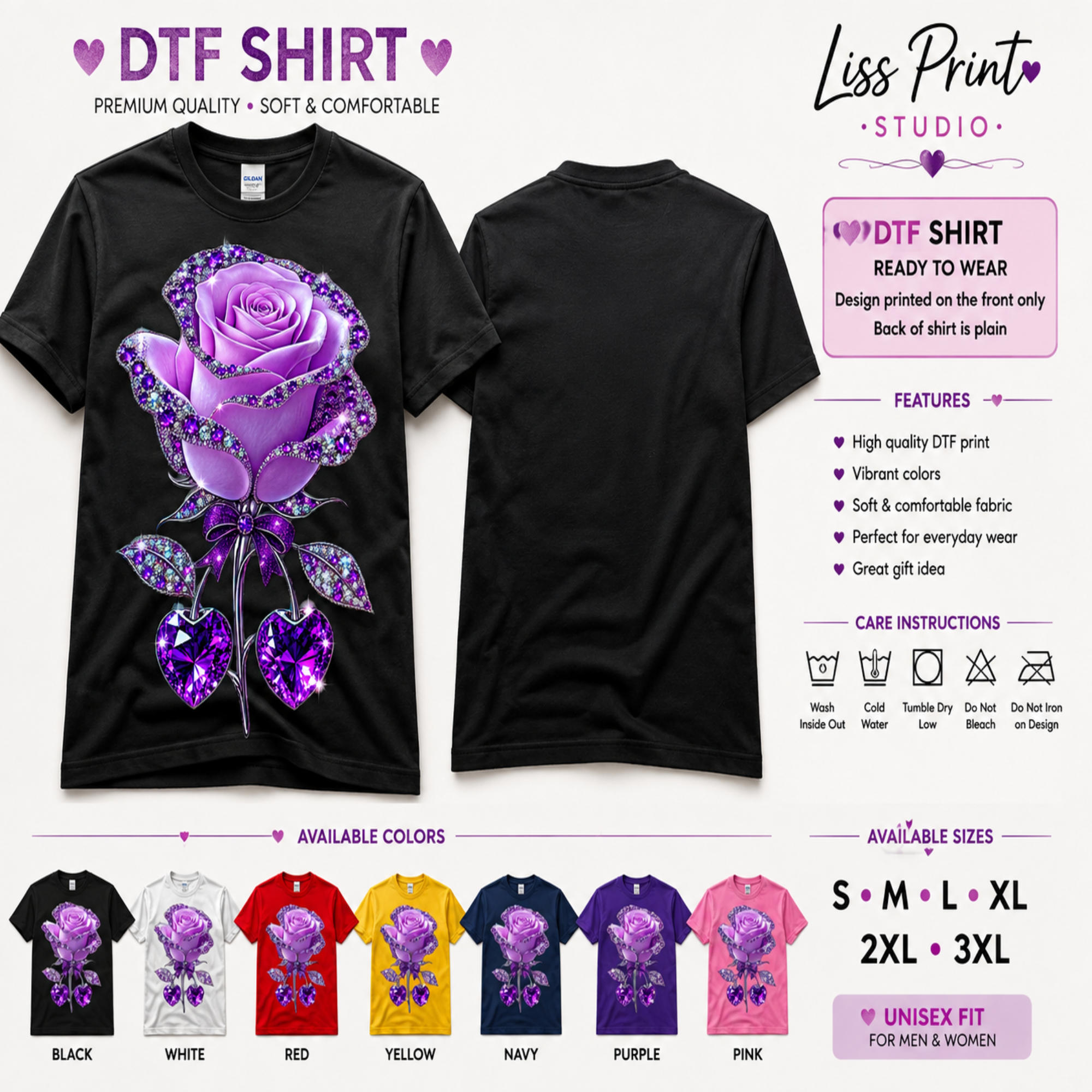 A promotional product graphic for a DTF (Direct to Film) shirt by Liss Print Studio. The main section shows two views of a black short-sleeve T-shirt with a large purple rose and heart graphic printed on the front.