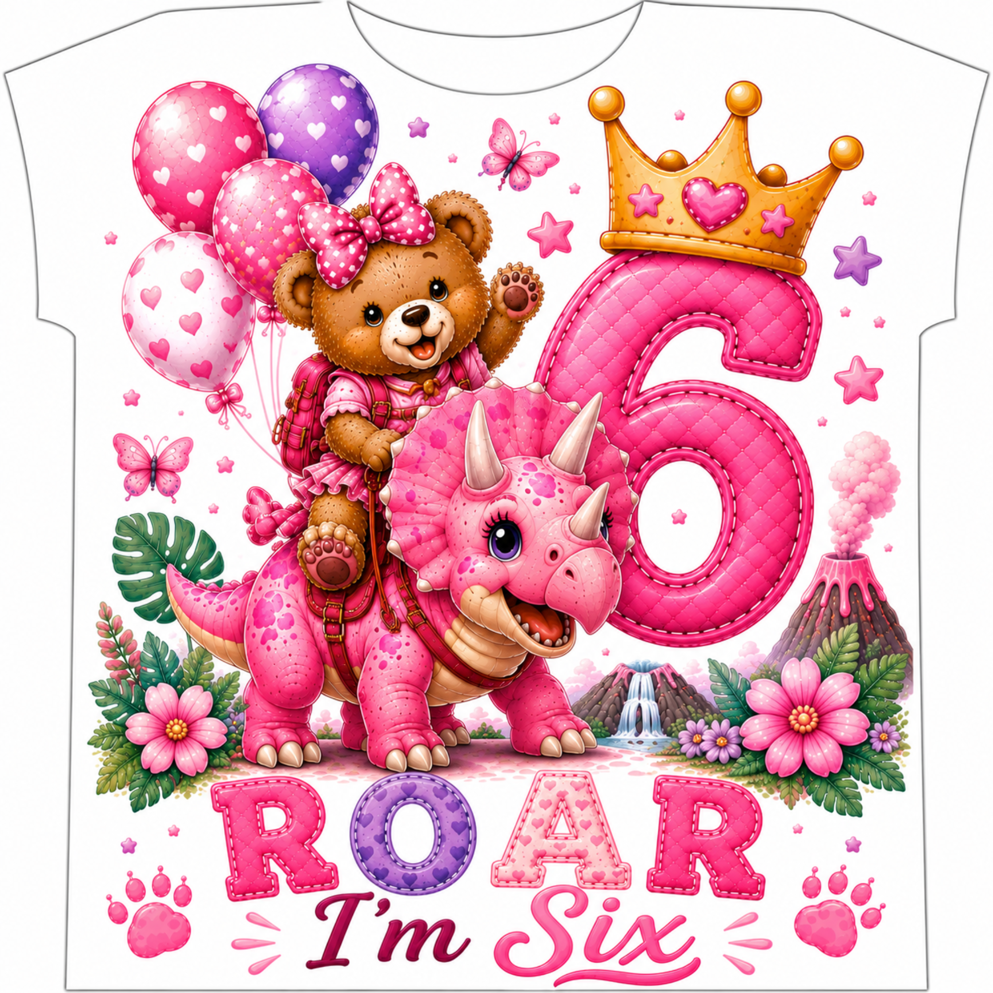 A white short-sleeve T-shirt with a colorful cartoon birthday graphic. The design features a brown teddy bear riding a pink triceratops dinosaur, next to a large pink stitched number 6 and a gold crown.