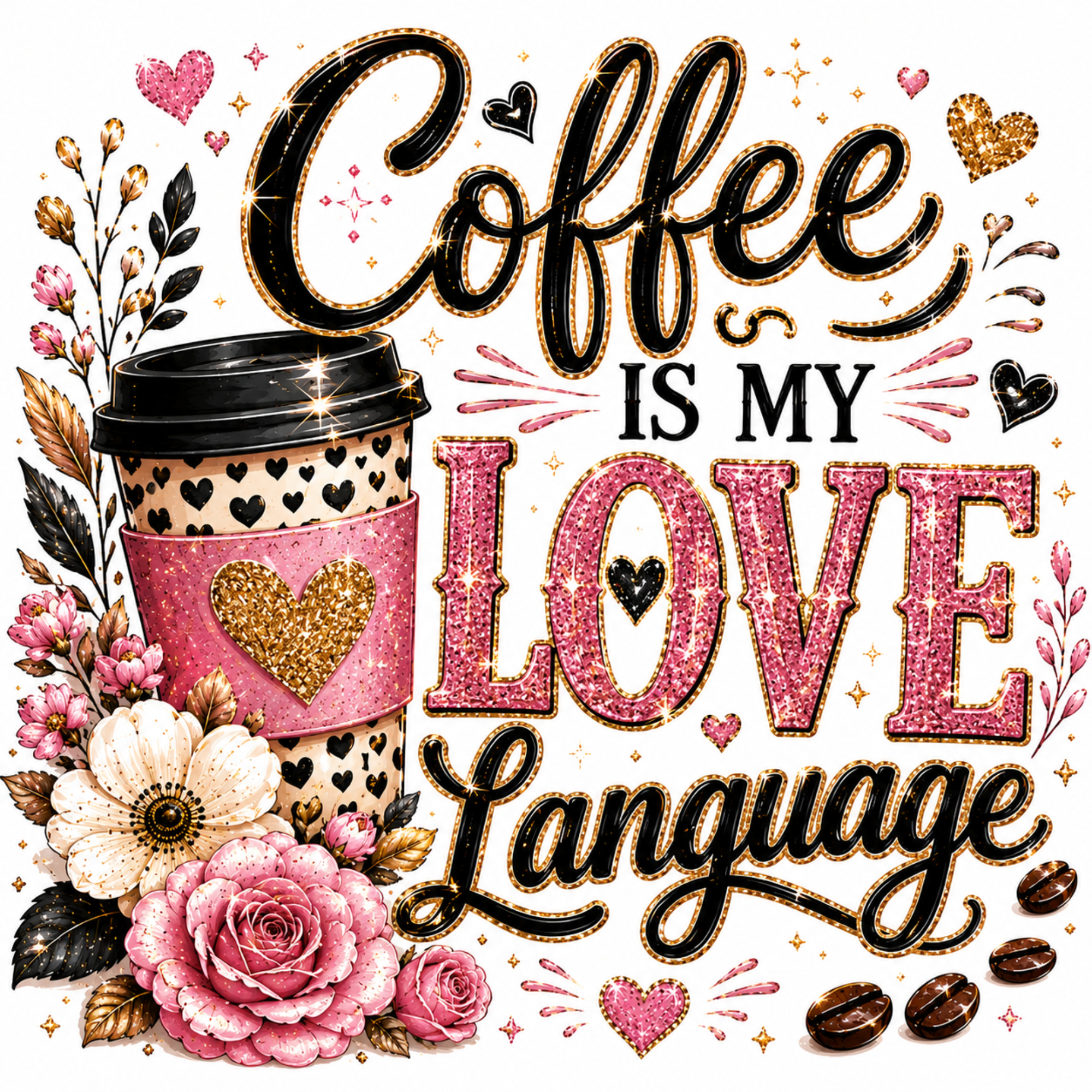 A decorative graphic with the phrase 'Coffee is my love language' in black and pink lettering, surrounded by a coffee cup with a leopard-print sleeve, pink and white flowers, hearts, stars, and coffee beans on a white background.