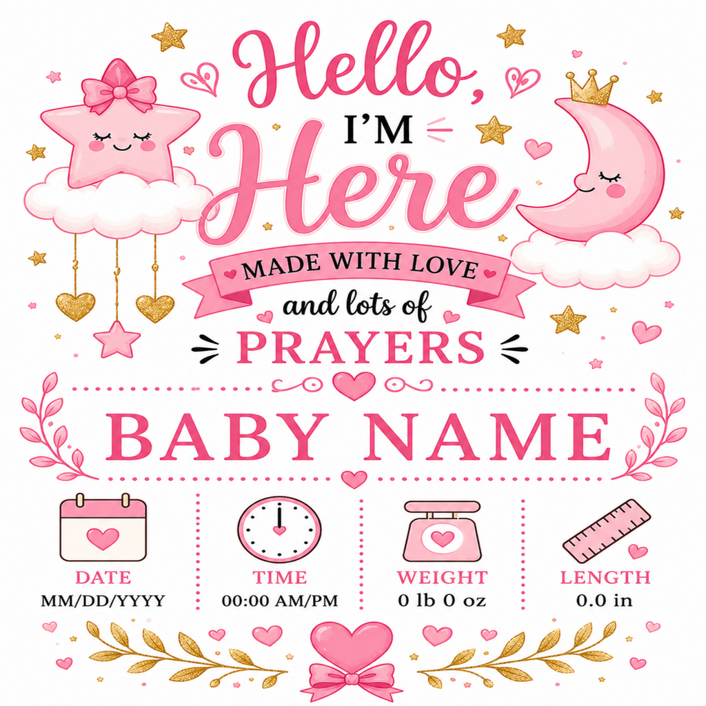 A baby shower sign or print with pink and gold illustrations, including a smiling star, crescent moon, hearts, and decorative text reading 'Hello, I'm Here Made with Love and lots of PRAYERS BABY NAME.' There are also small fields for date, time, weight, and length with placeholder icons.