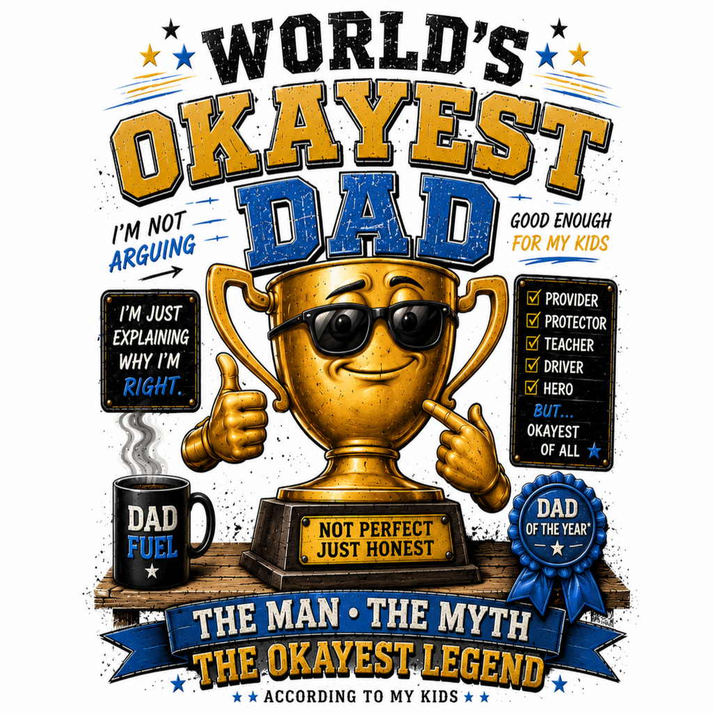 A colorful graphic print featuring a gold trophy with sunglasses and a heart, surrounded by humorous dad-themed text such as 'World's Okayest Dad' and 'The Man - The Myth The Okayest Legend'. The design includes a black mug labeled 'Dad Fuel', a blue 'Dad of the Year' ribbon badge, and various decorative elements on a white background.