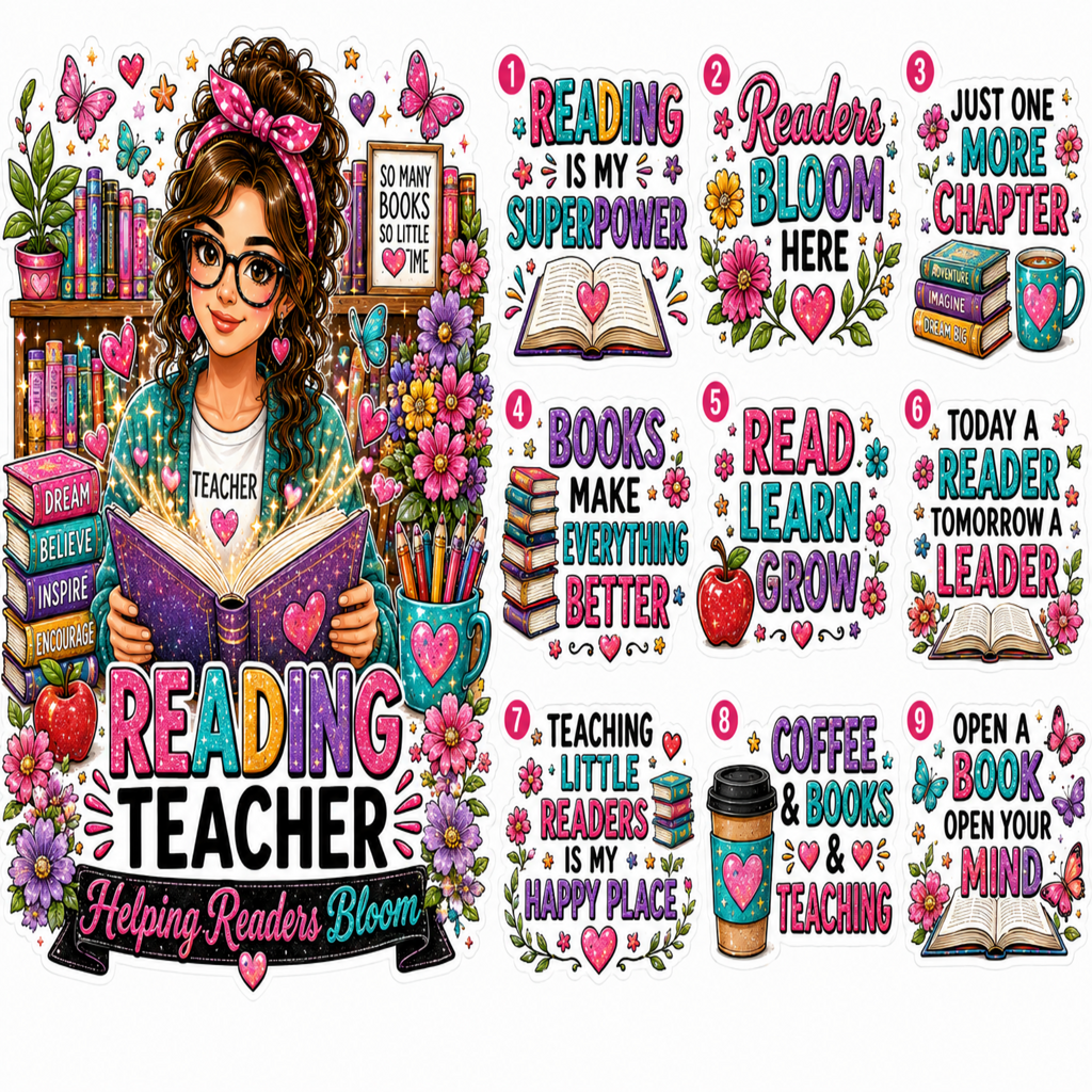 A set of colorful cartoon-style reading teacher graphics and stickers, featuring a female teacher reading books surrounded by flowers, butterflies, books, and motivational quotes about reading and teachers.