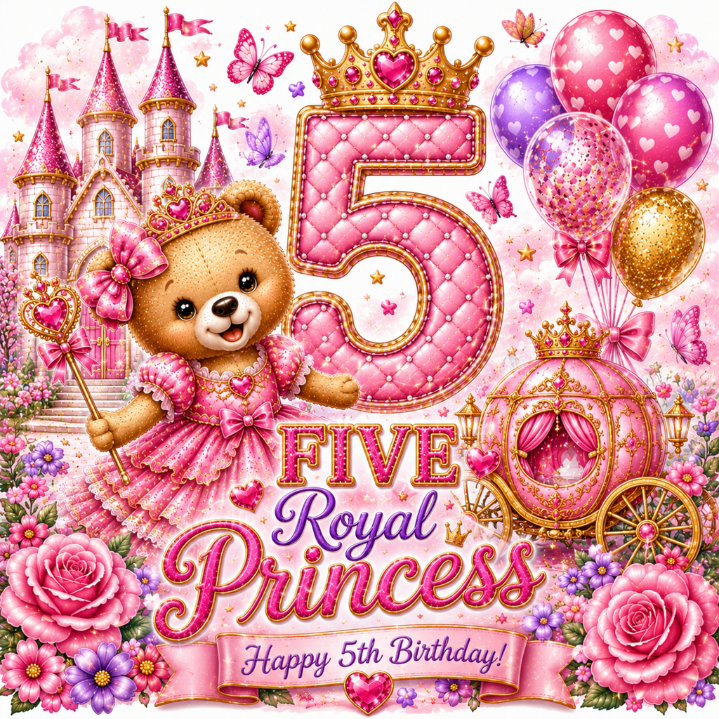 A colorful 5th birthday 'Royal Princess' graphic featuring a cute cartoon teddy bear in a pink gown, a large pink quilted number 5 with a crown, a pink carriage, balloons, butterflies, roses, and a castle in the background.