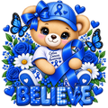 A cartoon teddy bear wearing a blue awareness cap and a white 'Colon Cancer Awareness' shirt, surrounded by blue roses, white daisies, blue butterflies, blue hearts, and large blue 'BELIEVE' lettering on a white background.