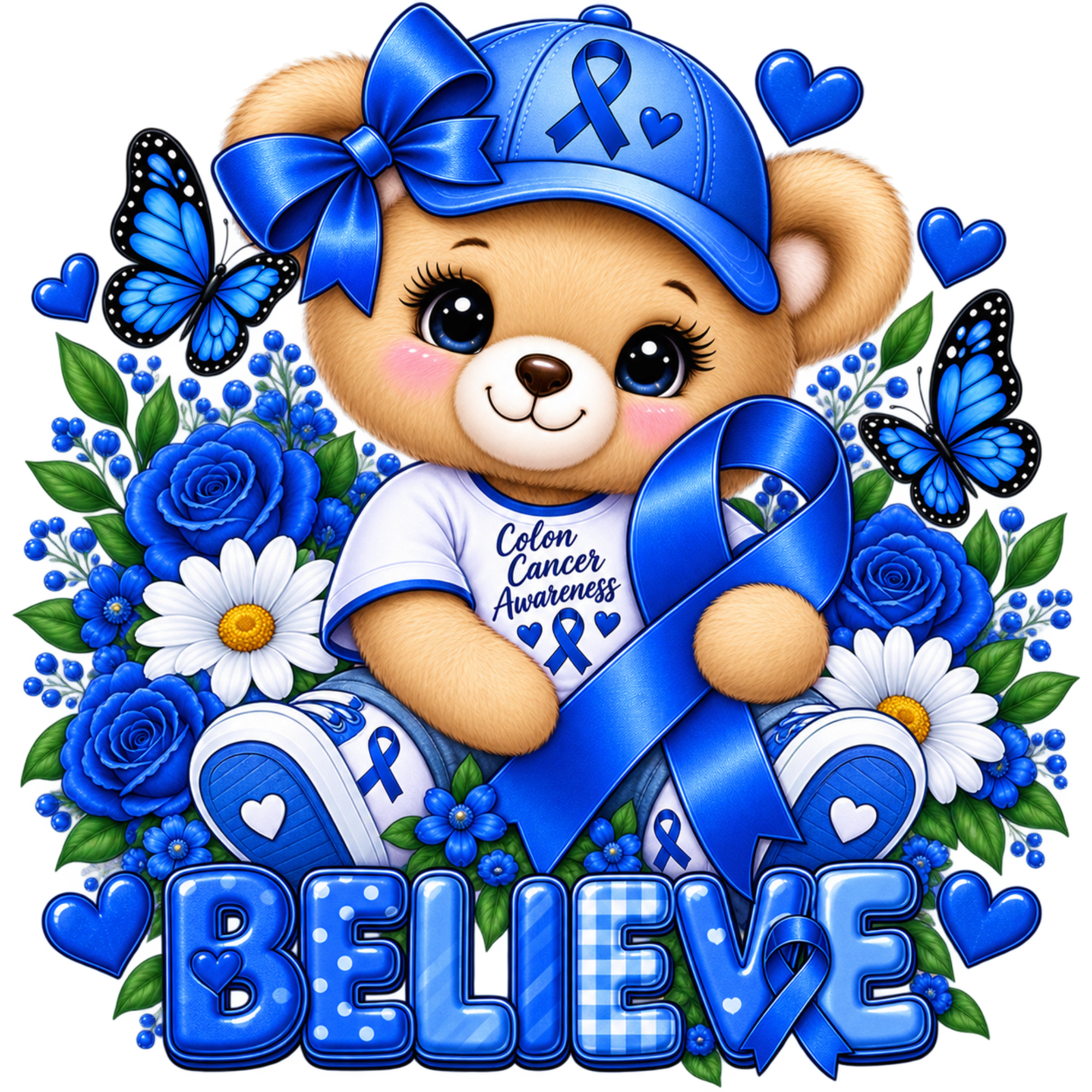 A cartoon teddy bear wearing a blue awareness cap and a white 'Colon Cancer Awareness' shirt, surrounded by blue roses, white daisies, blue butterflies, blue hearts, and large blue 'BELIEVE' lettering on a white background.