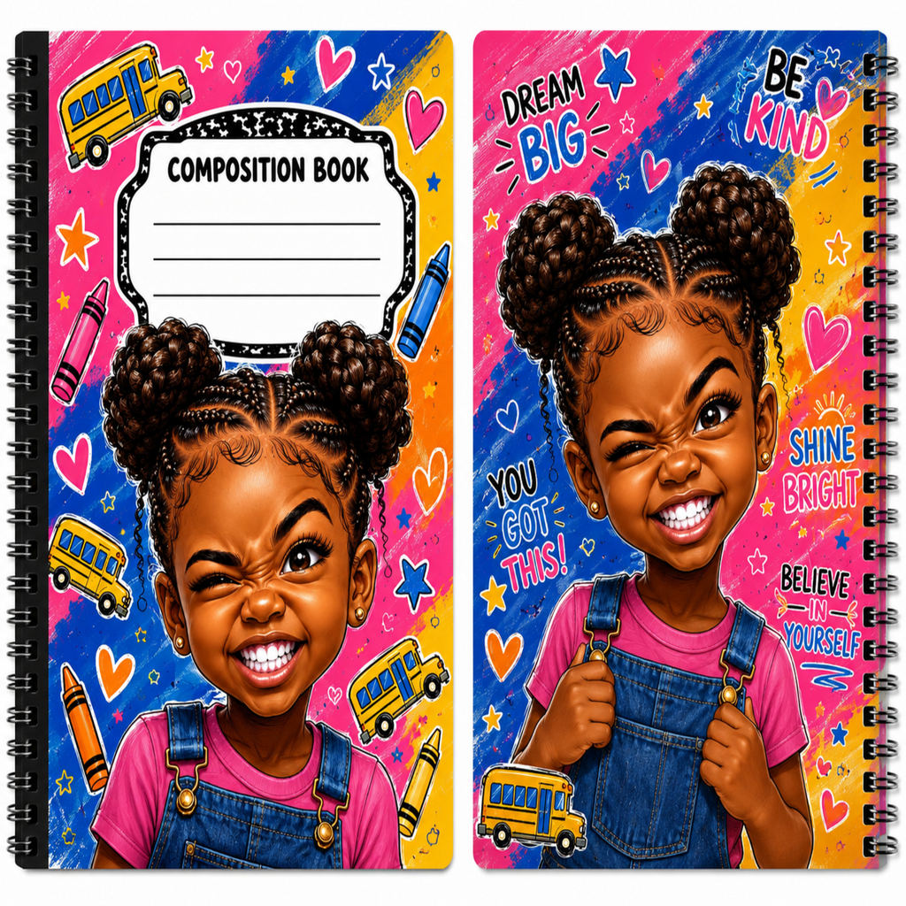 Two colorful composition books with spiral binding, featuring a cartoon-style smiling girl in denim overalls and pink shirt, with school-themed illustrations and motivational text like 'DREAM BIG', 'BE KIND', and 'YOU GOT THIS!'.