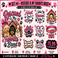 A promotional graphic for a 10-piece UV decal set featuring rescue dog-themed designs. The set includes various decals such as 'Rescued Is My Favorite Breed', 'Who Rescued Who?', 'My Rescue Mom', a dog collar, paw prints, and paw house illustrations.