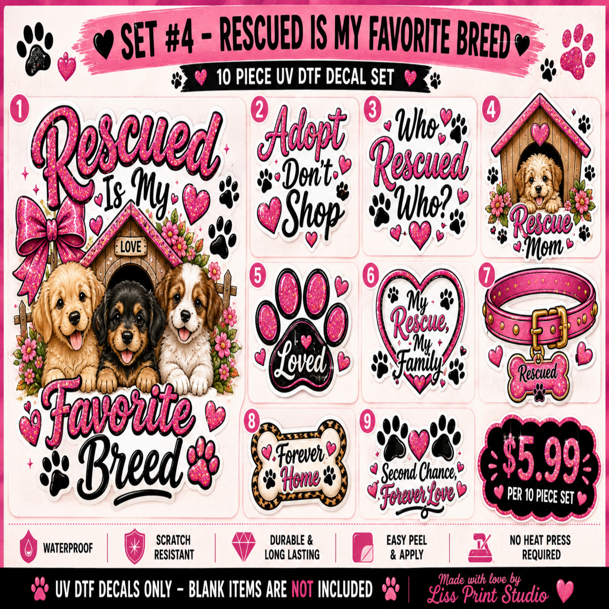 A promotional graphic for a 10-piece UV decal set featuring rescue dog-themed designs. The set includes various decals such as 'Rescued Is My Favorite Breed', 'Who Rescued Who?', 'My Rescue Mom', a dog collar, paw prints, and paw house illustrations.