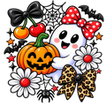 A colorful Halloween-themed graphic illustration featuring a smiling white ghost with a red polka-dot bow, a jack-o'-lantern pumpkin, white daisies with red centers, black bats, a spider, a black bow with leopard print, cherries, and spiderwebs on a white background.