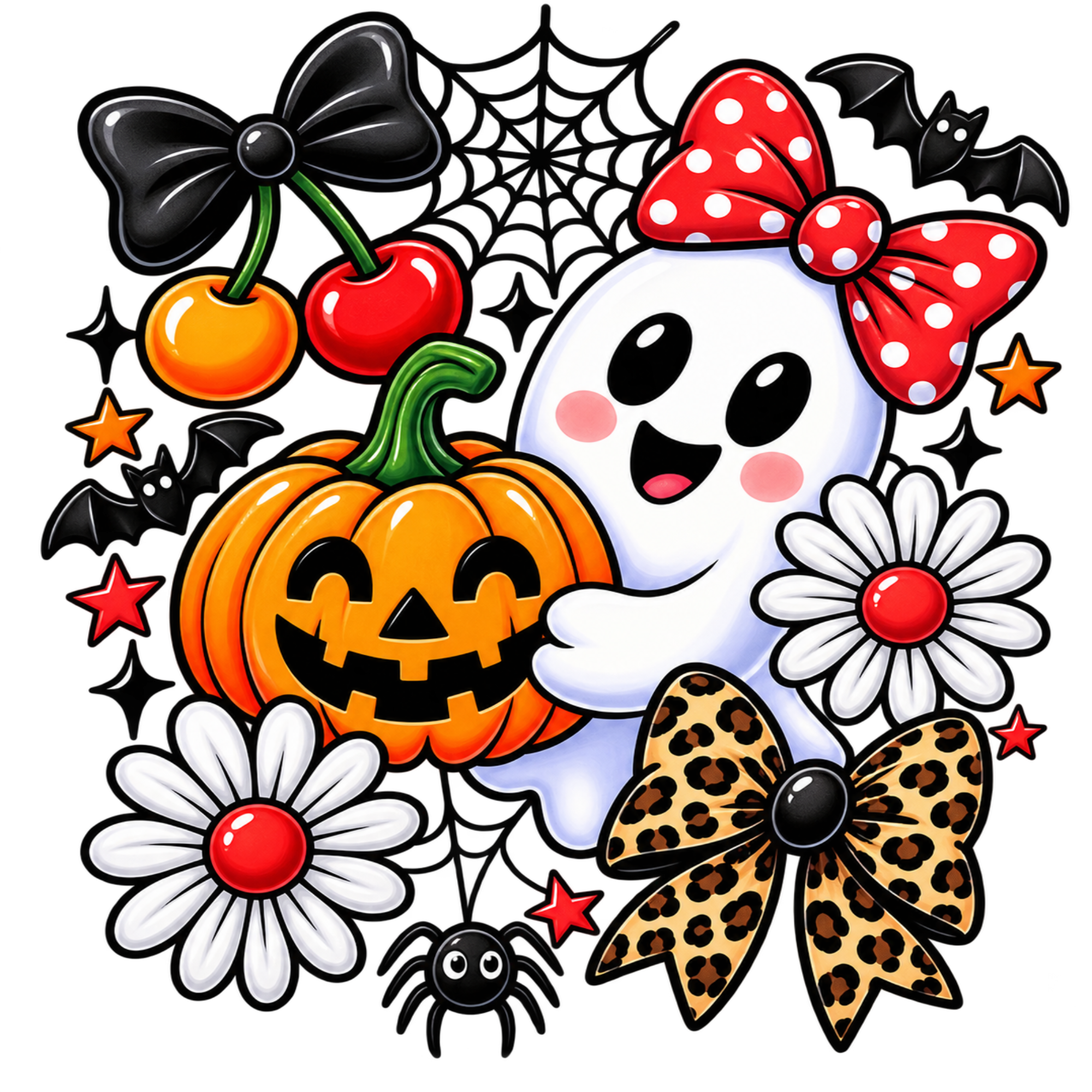A colorful Halloween-themed graphic illustration featuring a smiling white ghost with a red polka-dot bow, a jack-o'-lantern pumpkin, white daisies with red centers, black bats, a spider, a black bow with leopard print, cherries, and spiderwebs on a white background.