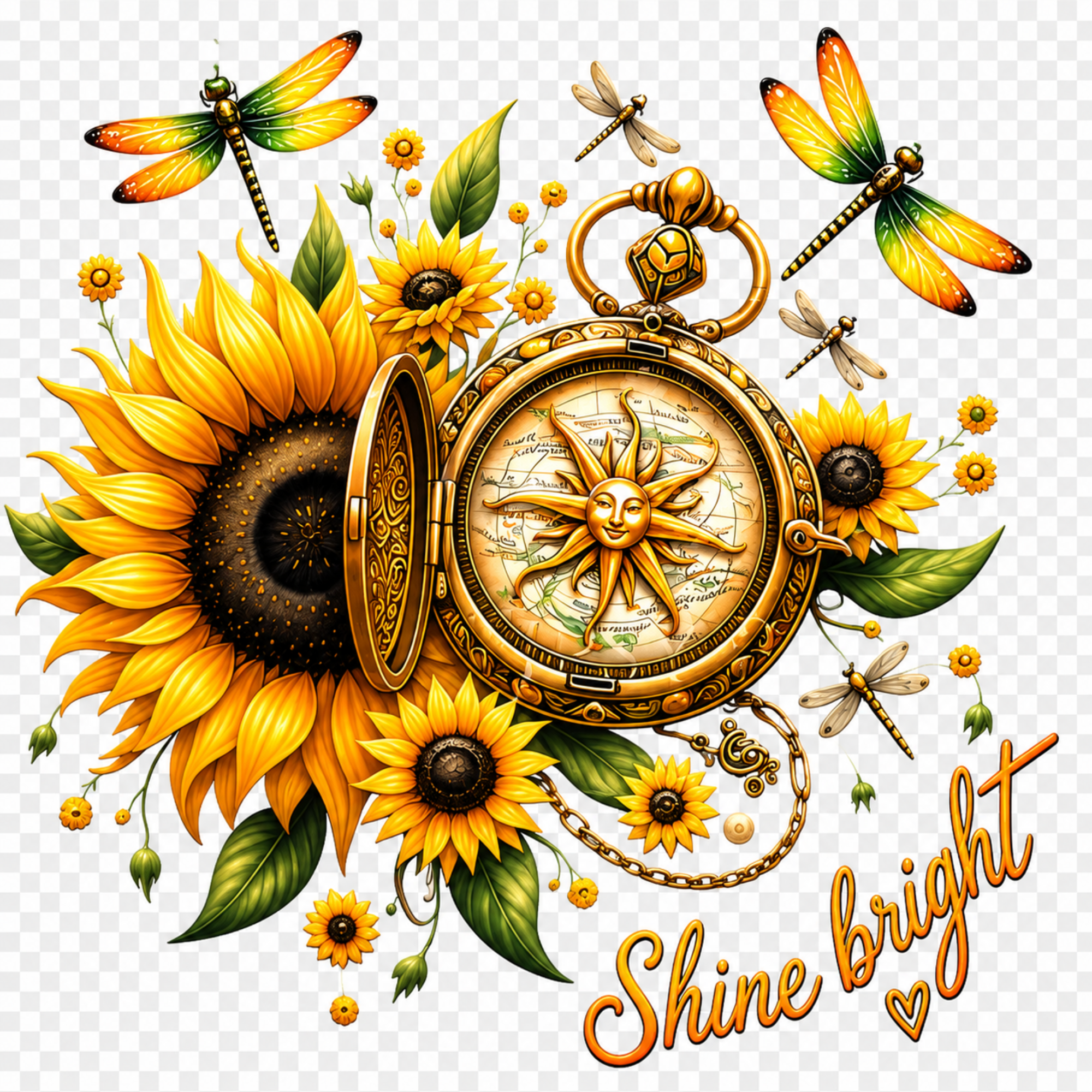 A decorative graphic featuring a large gold compass with a sun face on the dial, surrounded by bright yellow sunflowers, green leaves, dragonflies, and the phrase “Shine bright” in orange script on a transparent checkerboard background.